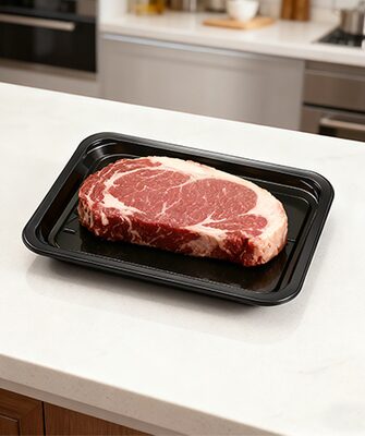 Raw steak in a black frozen food tray on a kitchen counter