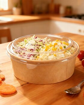 Kraft salad bowl with clear lid on a wooden table