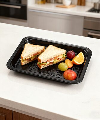 Sandwich tray with fresh fruit on a kitchen counter