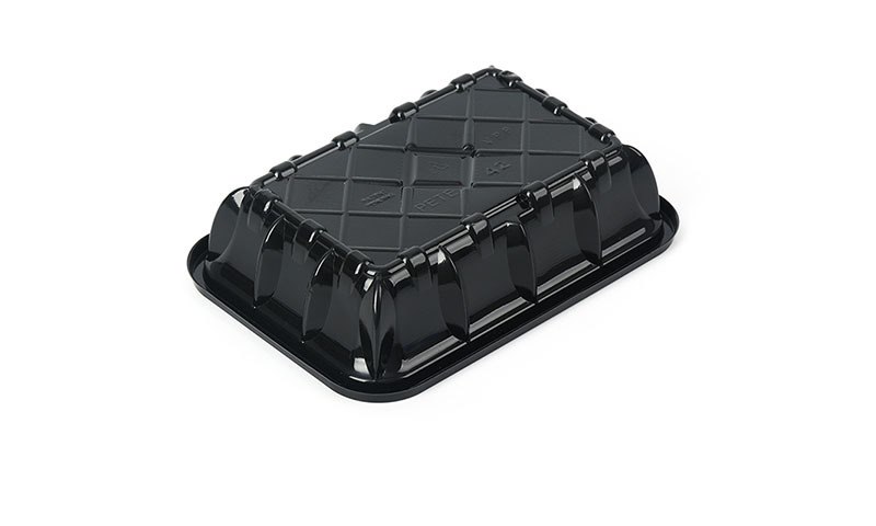 Black recycled PET tray with resin identification marks